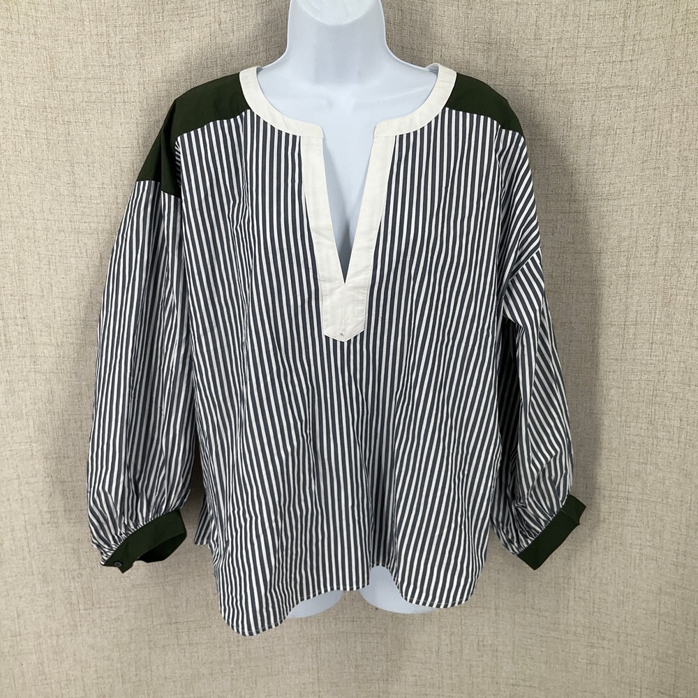 LOFT Blouse Womens Large Blue White Striped Coastal Preppy Oversized V-Neck Top
